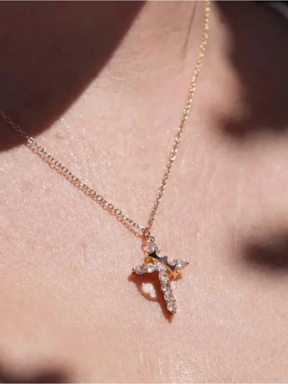 Gold Cross Necklace with Clear Crystals